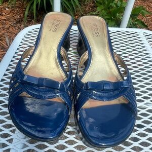 GUESS by Marciano Gwazalea Women Blue Bow Patent Leather Wedge Shoes Sz 7.5